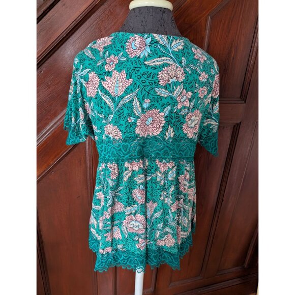 Torrid Super Soft Floral Lace-Trim Babydoll Top Teal & Pink Size 00 - Picture 4 of 9
